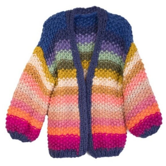 💕SAACHI💕 Mayflower Rainbow Stripe Cardigan ~ Hand Knit Multi-Color Medium - Picture 11 of 16